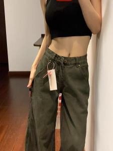 American Retro Military Green Workwear Knife Edge Jeans Womens High Waist Design Sensation Straight Leg Floor Length Pants