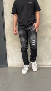 Celana Jeans Pria Sobek Lutut Motif 211 Ripped Jeans Gotrock Denim Premium Black Retro