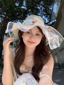 French Lace Butterfly Knot Straw Hat Womens Summer Beach Sand Big Brim Sunshade Fisherman Hat Elegant Style round Top Cap