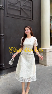Đầm thiết kế cao cấp BEMINE cổ tròn ren hoa dáng dài-B632