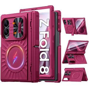 with MagneticTempered Glass Screen Protector Slim Translucent Matte Shockproof Case for Samsung Galaxy Fold 8 Case-Purple
