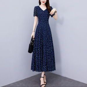 Impression Fashion Women Elegant Retro Chiffon Print V-neck Short Sleeve Tunic High Waist A-line Swing Plus Size Long Dress