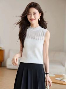 เสื้อกั๊กถักคอวีแขนกุดสไตล์ฝรั่งเศสสำหรับผู้หญิง เสื้อเชิ้ตสีขาว เสื้อชั้นในผ้าขนสัตว์ลูกไม้ เสื้อชั้นในถักแบบสวมหัว