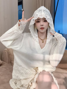 เสื้อชั้นในถักคอเต่าสไตล์ฝรั่งเศสสำหรับผู้หญิง ทรงหลวม สีขาว ลายลูกไม้ เสื้อชั้นในแบบสวมหัว ฤดูใบไม้ร่วง/ฤดูหนาว เสื้อชั้นในสไตล์เกาหลี