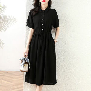 Impression Fashion Women French Chiffon Plain Short Lantern Sleeve Cinched Waist A-line Pleated Shirt Dress Plus Size