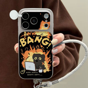 Cartoon Working Cat Lanyard Phone Case For iPhone 16 18 15 17 13 14 11 12 Pro Max Leather With Wrist Strap Shockproof Soft Cover