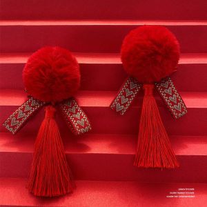 New Year Childrens Furry Ball Hair Clip Little Girl Red Fluffy Tassel Hair Card Female Child New Year Hanfu Headwear