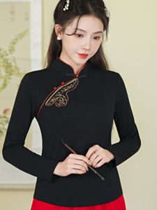 Ethnic Style Womens Long Sleeve T-Shirt Embroidered Large Size Stand Collar Base Shirt Comfortable Cotton Polyester Blend