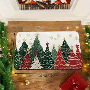 VIKAMA Christmas Welcome Doormat Christmas Tree Non-Slip Washable Bedroom Kitchen Floor Mat Indoor Outdoor Carpet Home Decor