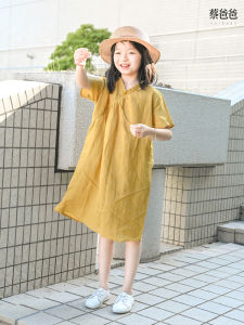 Original Childrens Clothing Yellow Linen Dress Girls Improved Cheongsam Summer Wear Short Sleeve Pure Color Chen Dadong