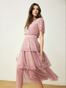 BADINA | Bathina Elegant Mesh Dress V-neck Short Sleeve Womens Autumn New Style Pink Cake Skirt Polyester Fiber Natural Waist Zipper Closure