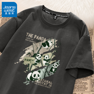 เสื้อยืดคอกลมแขนสั้นผ้าฝ้ายแท้ทรงหลวมสำหรับผู้ชาย ทรงหลวม ระบายอากาศได้ดี เสื้อยืดคอกลมแขนสั้นลายแพนด้า