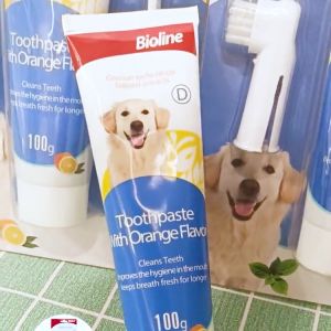 ชุดแปรงสีฟันสุนัขแถมยาสีฟันรสส้ม ชุดแปรงฟันสัตว์เลี้ยง ชุดฝึกแปรงฟันสูงสุด Bioline Dental Care Set with Orange 100g