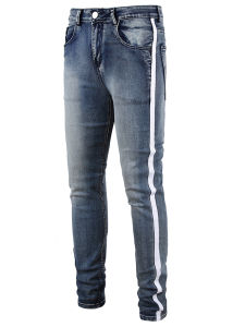 Trendy Black Stripe Jeans Mens Casual Slim Fit Long Pants Knee Hole Small Foot Pants Cotton Elastic Denim mid Waist Zipper