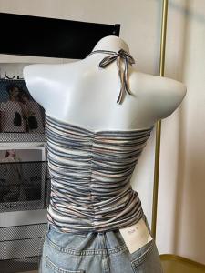 Áo Thun Cổ Tròn Tay Rộng Dáng Ôm Mùa Hè Cổ Điển Cho Nữ Áo Thun Sọc Gấp Gọn Không Tay Áo Thun Thường Ngày