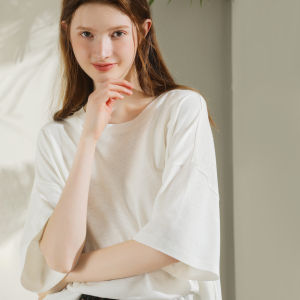 Miccbeirn | Miccbeirn Summer Pure Linen Knitted Solid Color Loose Thin Short Sleeve Round Neck T-Shirt Blue Versatile Workwear Top