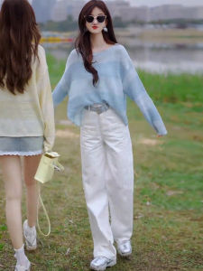 2025 Spring Fashion Womens Striped Knitted Top And Wide Leg Casual Jeans Set Elegant Autumn Outfit Full Set