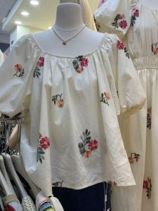 Chubby Girl Gentle Puff Sleeves off-Shoulder Chiffon Blouse Womens Summer Wear Loose Easiest for Match Belly Covering Flower Tops