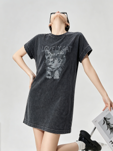 GULILI | Retro Gray Cat Printed Dress