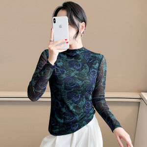 REHIN Womens Mesh V-Neck 3D Floral Prints rinted Long Sleeve T-shirt Slim Fit Stretch Autumn Winter Fashion Blouse