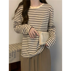 เสื้อยืดคอกลมแขนยาวลายทางหลวมๆ ลำลอง สำหรับผู้หญิง ชุดชั้นในลายทาง ชุดชั้นในลำลอง เสื้อผ้าทำงาน ฤดูใบไม้ร่วง 2023