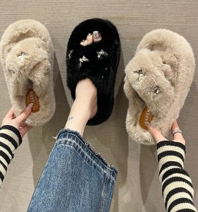2023 New Womens High Heel Thick Bottom Fur Slippers Indoor Outdoor Fashionable Autumn Winter Cotton Slippers Trendy Mules