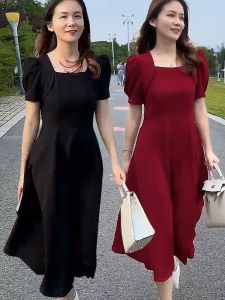 ชุดเดรสยาวปานกลางแขนสั้นแฟชั่นฤดูร้อนสำหรับผู้หญิง ทรงเอ เอวสูง สไตล์ทำงาน ชุดเดรสยาวปานกลางลำลอง กระโปรงสั้น