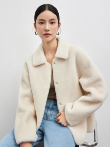 MRS Australian Shearling Full Wool Composite Leather Fur Short Square Collar Merino Simple Womens Fur Coat Long Sleeve Commute