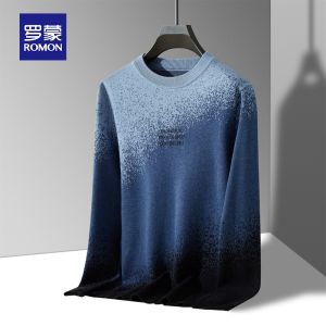 ROMON | Lormen Mens Casual Gradient Knitwear Round Neck Long Sleeve Thermal Shirt Fashionable Autumn Season Polyester Blend Sweatshirt