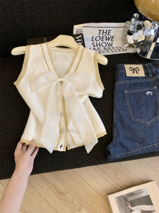 Elegant Vintage Knitted Vest Top Sleeveless V-Neck Womens Summer Fashion Butterfly Knot Commute Style Regular Fit Thin Model