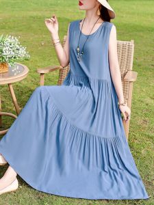 Summer New Large Size Cotton Silk Long Dress Floral Print Sleeveless Gown Beachwear Casual Loose Waist A-Line Skirt Dress