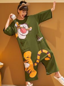 ชุดนอนผู้หญิงแขนยาวผ้าฝ้ายแท้ ชุดนอนฤดูใบไม้ผลิและฤดูใบไม้ร่วง ชุดนอนแขนยาวป้องกันแสง ชุดอยู่บ้านน่ารักไซส์ใหญ่