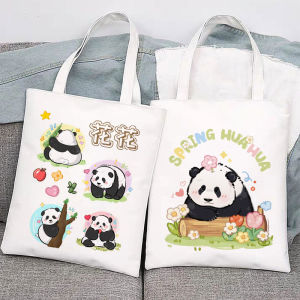Large Capacity Cartoon Panda Flower Canvas Bag Student Book Carrier Single Shoulder Tote Bag Soft Handle Printed Canvas Bag
