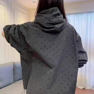 Plus Size Fat mm 150.00kg European Goods Fancy Black Rhinestone Outwear Womens Spring and Autumn Loose Hooded Jacket Trendy 2
