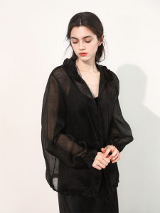 Miccbeirn | Silk Chiffon Embroidered Hooded Short Jacket Casual Versatile Womens Top Anti-Aging Earlet Lace Trim Mulberry Silk Commute Style