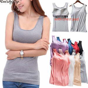 Ruizhijzg Ready Stock Modal Cotton Sleeveless T Shirt With Chest Pad For Woman Summer Ladies Girls  Female Sling Camisole Tank Tops Female Basic Yoga Vest Casual Home Wear Plus Size