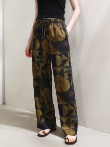 Miccbeirn | Silk Blend Casual Wide Leg Pants Elastic Waist Slimming Fashionable Drape Loose Straight Cut Trousers Vintage Print High Waist
