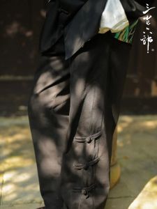 สไตล์จีนเรียบง่าย ลำลอง กางเกงขายาว ขาตรง หลวม Fit ผ้าฝ้าย ผ้ากลาง เอว สีบริสุทธิ์ Four Seasons Wear