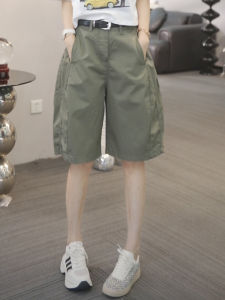 Shalldoer | High Waist Loose Fit Military Green Casual Pants Five Length Womens Summer Sporty Workwear Straight Leg Pocket Detail