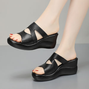 Summer 2024 Heel Thick Bottom Fish Mouth Womens Slippers Soft Sole Mom Sandals Top Layer Cowhide Shoes Simple Hollow out Design