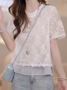 Shalldoer | Áo thun nữ tay ngắn ren ghép nối giả hai mảnh thường ngày mùa hè 2025 phong cách mới mỏng thời trang áo thun cổ tròn dáng rộng