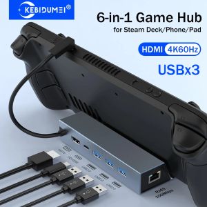 Kebidumei | KEBIDUMEI 6-in-1 USB C Docking Station for Steam Deck Rog Ally Switch iPad Type C to HDMI 4K 60Hz PD 100W 3*USB 2.0 Game Hub