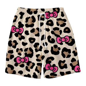 กางเกงขาสั้นผ้าไหมน้ำแข็งลายเสือดาวลายการ์ตูนสำหรับผู้ชาย กางเกงขาสั้น Hellokitty สำหรับผู้หญิง กางเกงขาสั้นชายหาดฤดูร้อนสำหรับคู่รัก กางเกงขายาวหลวมๆ สำหรับชาย