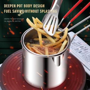 【New product】1200ML Deep Frying Pot 304 Stainless Steel Kitchen Fryer with Strainer Fryer Pan Chicken Fried Chicken Cooking
