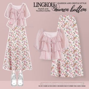 NUMEN BUTTON | Dopamine Trendy Sweet Plus Size Summer Set Dolman Sleeves Shirt Floral Skirt