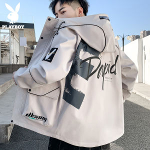Playboy Mens Casual Hooded Jacket Autumn Fashion Workwear Top Youth Printed Spring Autumn Outerwear Polyester Long Sleeve