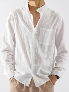Mens Summer Slim Fit Casual Linen Shirt Long Sleeve Thin Breathable Retro Japanese Style Workwear Sun Protection Cotton Linen Shirt