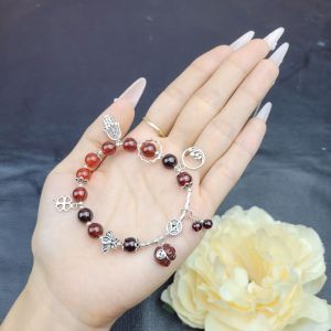 Q902 Lắc Bạc Garnet Ngọc Hồng Lựu Mix Túi Tiền Thạch Anh Tóc Đỏ VIP Hỏa và Thổ - Phong Thuỷ TUDO