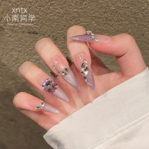 Handmade Cat Eye Nail Art Stickers Medium Length Oval Butterfly Mint Fake Nails Glitter Diamond Nail Tips for Any Skin Type