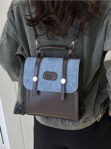 Retro American Denim Double Shoulder Backpack for Women Trendy Student Class Bag Handheld Multi-Functional Single Shoulder Bag